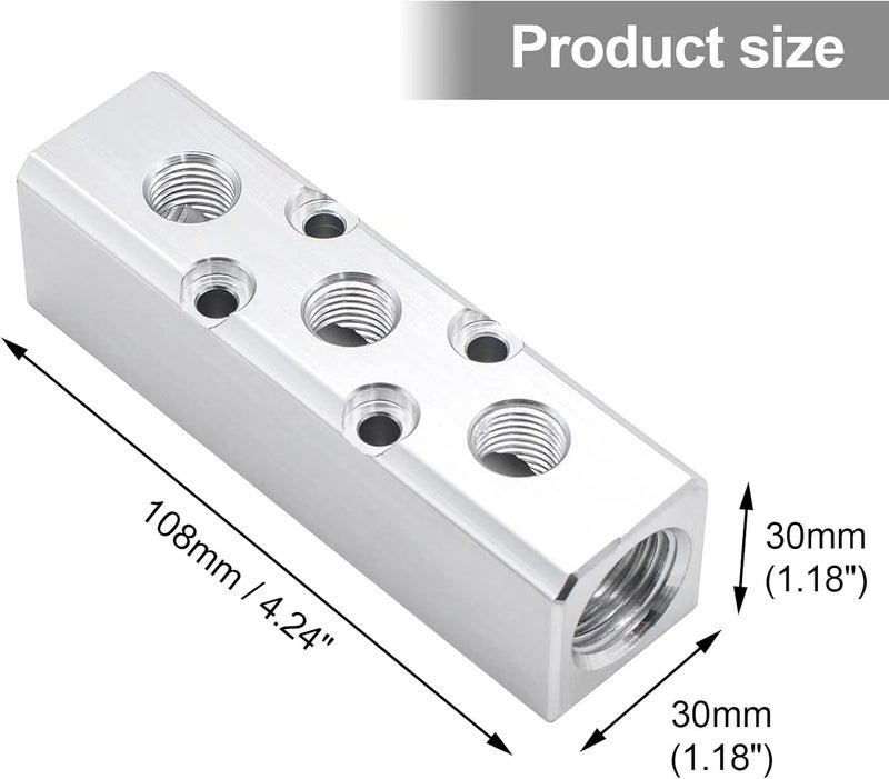 MARSTEK Air Manifold, 3 Way 5 Port Air Compressor Manifold, Aluminum Air Hose Inline Manifold Block Splitter, Pneumatic Manifold Air Distribution Block, NPT 1/2 Inch Supply Port, NPT 1/4 Inch Output Port - Image 2